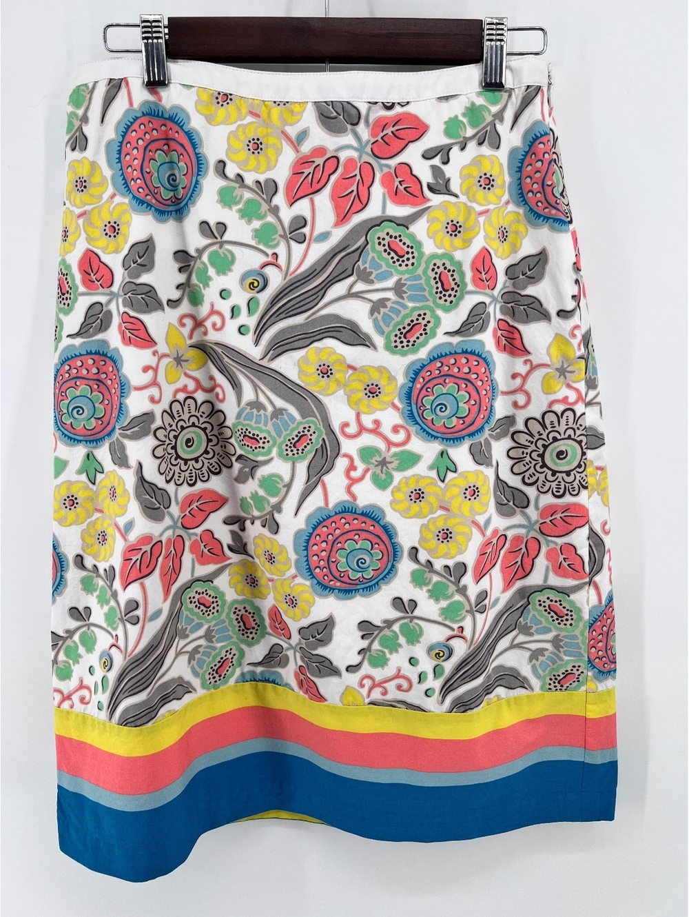 Boden Floral A-Line Pencil Skirt US 8L Cotton Colorblock Hem Cottagecore